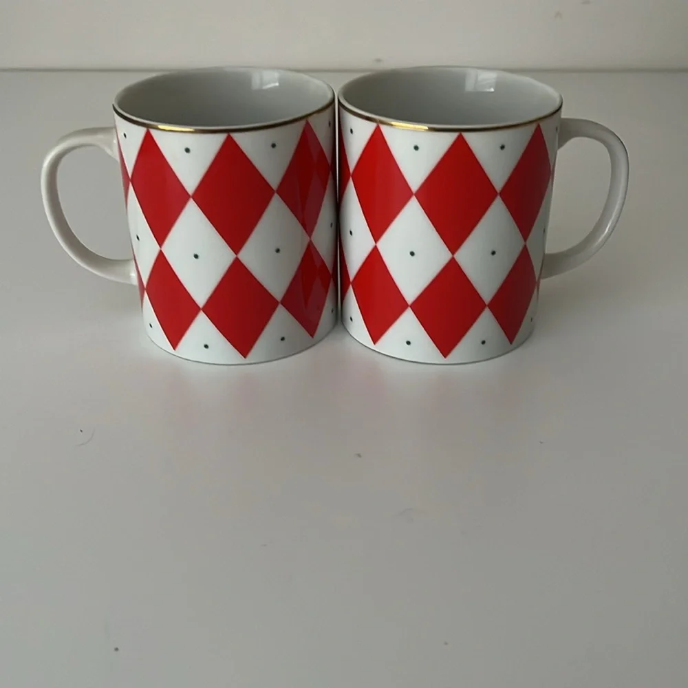 Williams Sonoma Porcelain Harlequin Red Diamond Mugs Set of 2